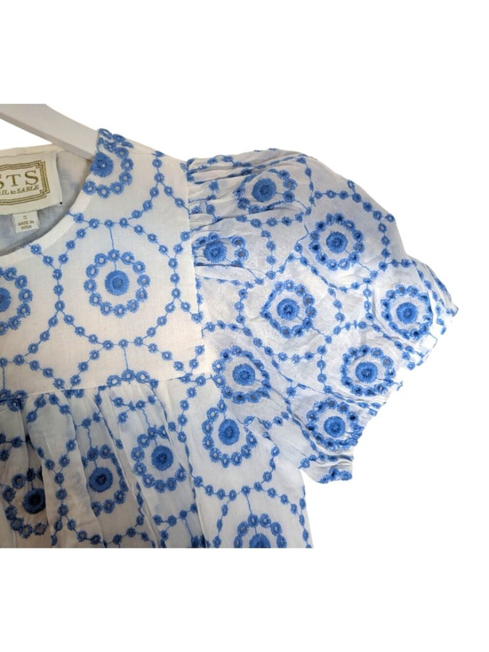 SAIL TO SABLE Blue & White Embroidered Eyelet Puff Short Sleeve Babydoll Top - S - Picture 5 of 15